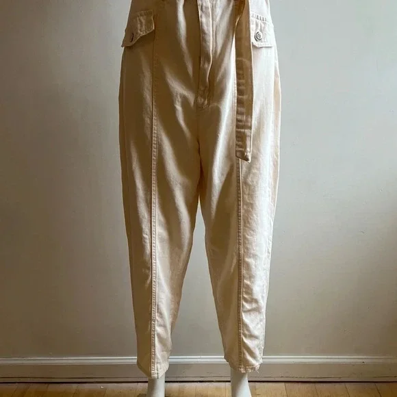 De Facto Twill Hogh Waist Tapered Leg Pants Beige Ivory Trousers Cotton 10 US - Picture 4 of 10